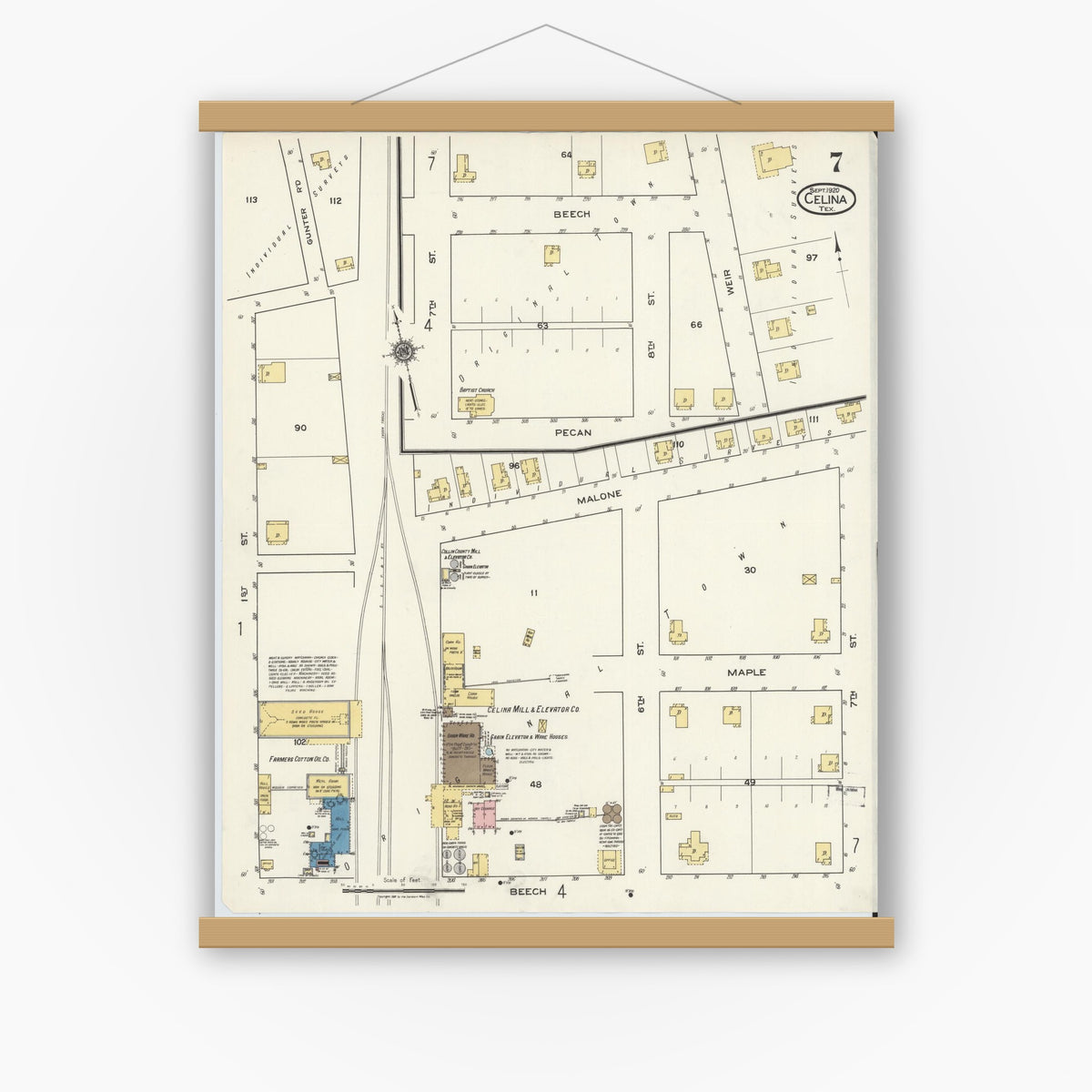 Old map wall art mockup — magnetic wood frame on white wall — Sanborn Fire Insurance Map from Celina, Collin County, Texas (1920), Sheet #0007
