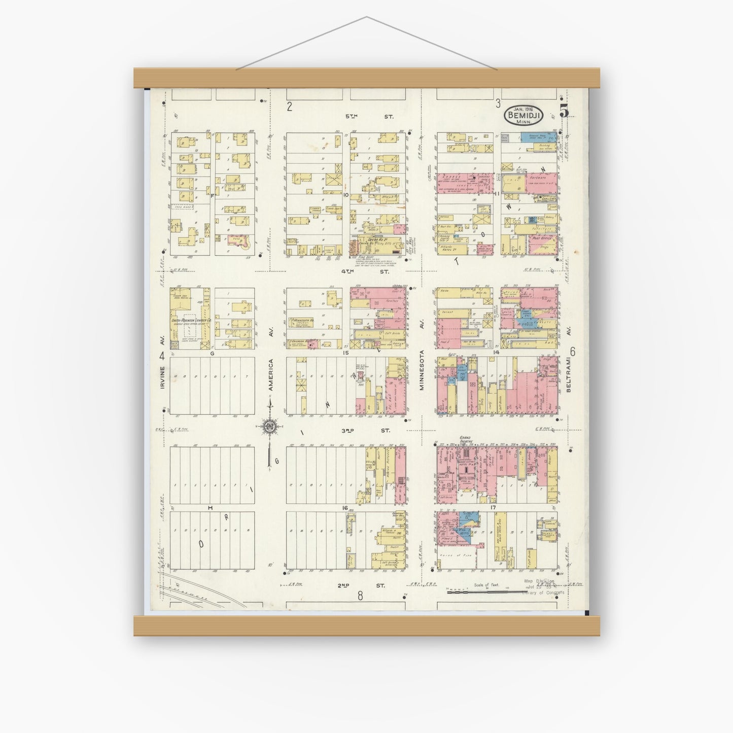 Old map wall art mockup — magnetic wood frame on white wall — Sanborn Fire Insurance Map from Bemidji, Beltrami County, Minnesota (1916), Sheet #0005