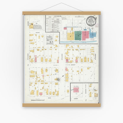 Old map wall art mockup — magnetic wood frame on white wall — Sanborn Fire Insurance Map from Shawneetown, Gallatin County, Illinois (1906), Sheet #0001