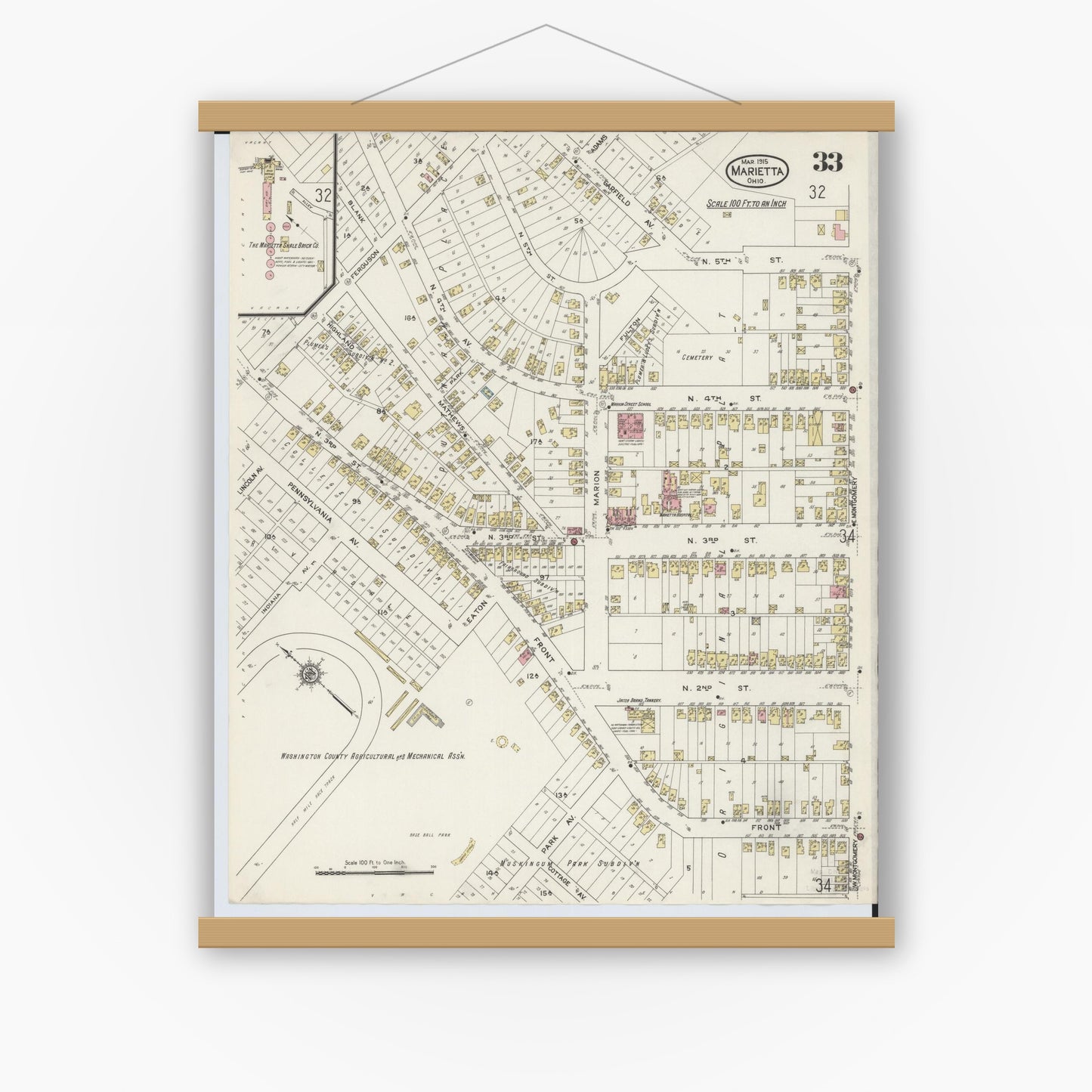 Old map wall art mockup — magnetic wood frame on white wall — Sanborn Fire Insurance Map from Marietta, Washington County, Ohio (1915), Sheet #0033