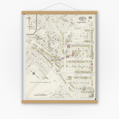 Old map wall art mockup — magnetic wood frame on white wall — Sanborn Fire Insurance Map from Marietta, Washington County, Ohio (1915), Sheet #0033