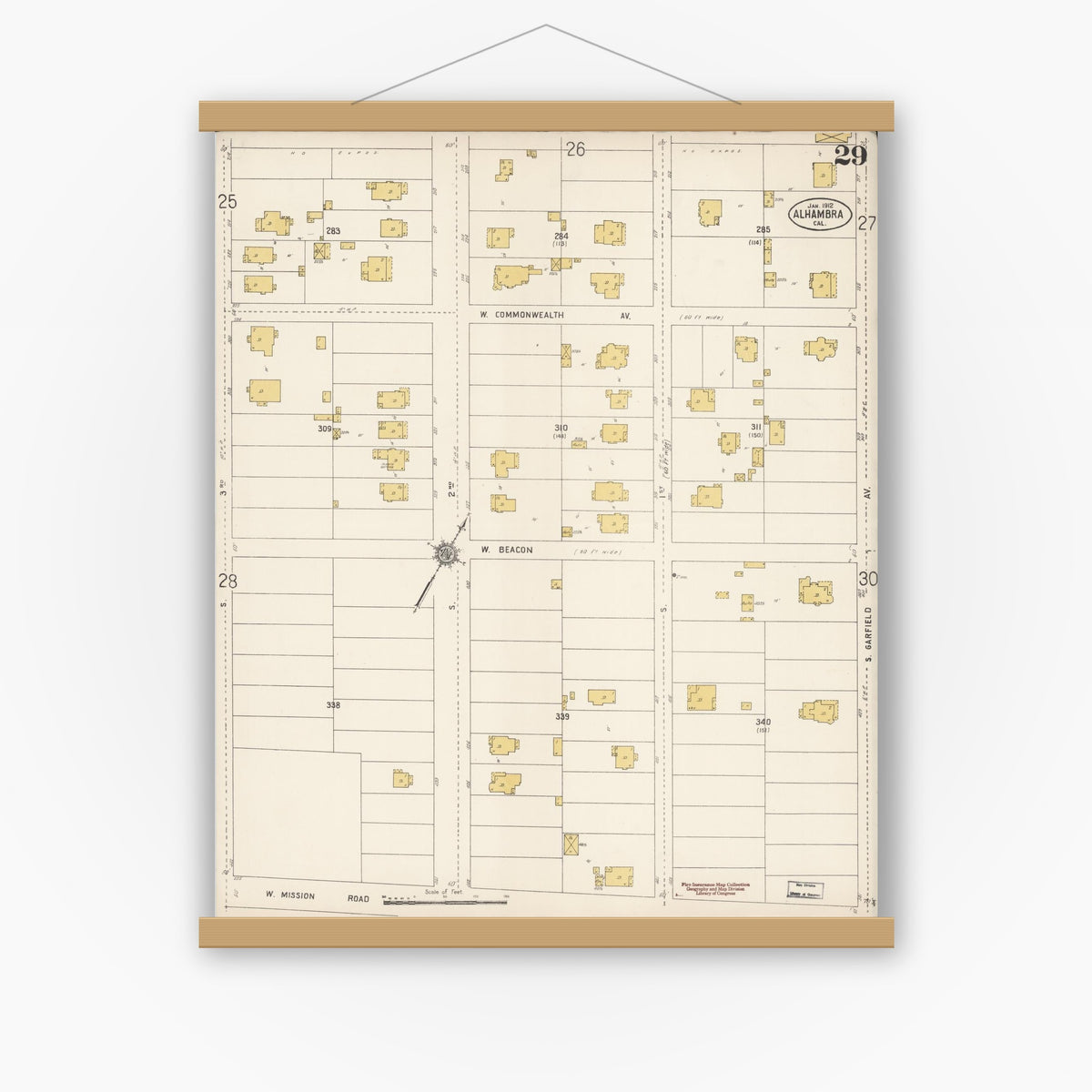 Old map wall art mockup — magnetic wood frame on white wall — Sanborn Fire Insurance Map from Alhambra, Los Angeles County, California (1912), Sheet #0029