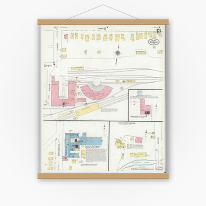 Old map wall art mockup — magnetic wood frame on white wall — Sanborn Fire Insurance Map from Wabash, Wabash County, Indiana (1910), Sheet #0013