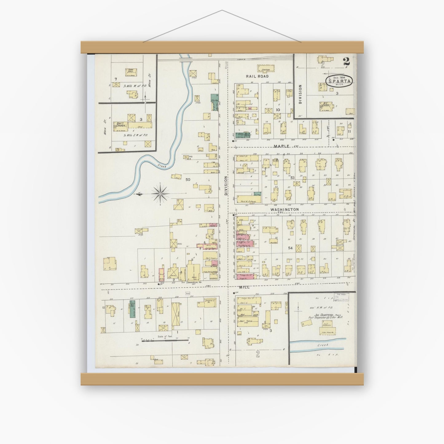Old map wall art mockup — magnetic wood frame on white wall — Sanborn Fire Insurance Map from Sparta, Kent County, Michigan (1894), Sheet #0002