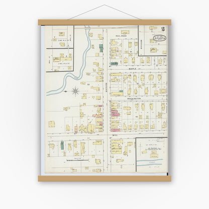 Old map wall art mockup — magnetic wood frame on white wall — Sanborn Fire Insurance Map from Sparta, Kent County, Michigan (1894), Sheet #0002