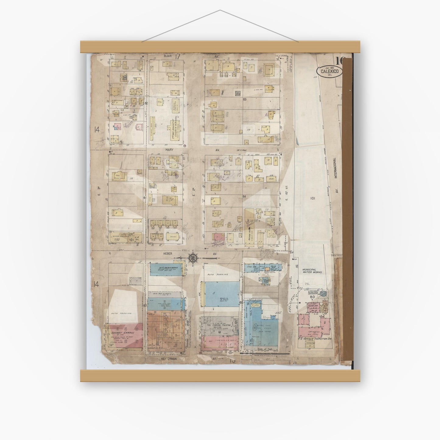 Old map wall art mockup — magnetic wood frame on white wall — Sanborn Fire Insurance Map from Calexico, Imperial County, California (1956), Sheet #0016