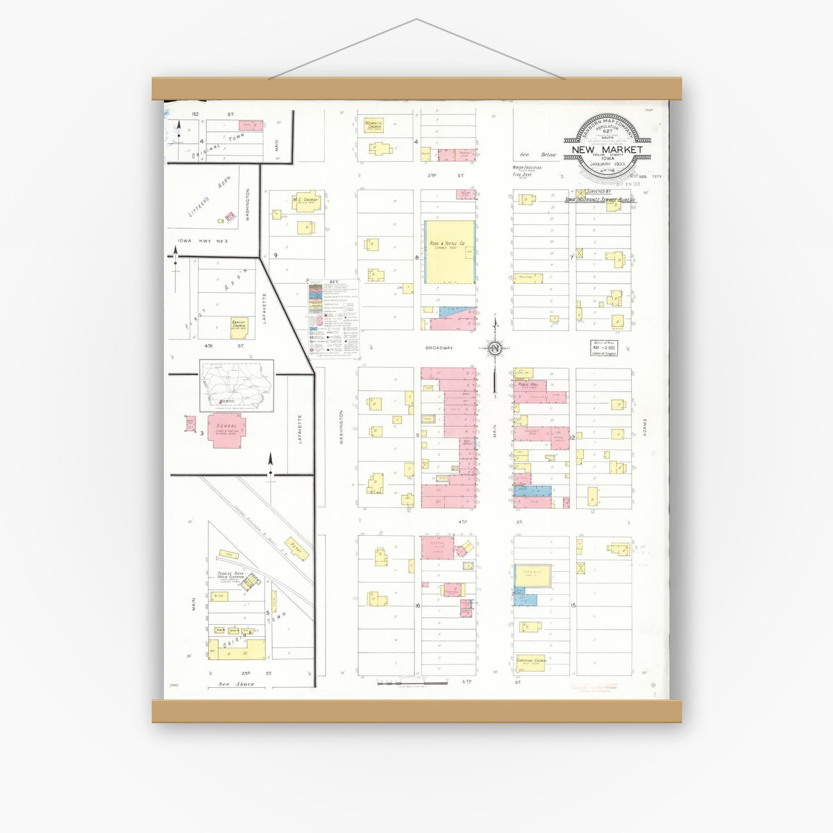 Old map wall art mockup — magnetic wood frame on white wall — Sanborn Fire Insurance Map from New Market, Taylor County, Iowa (1933), Sheet #0001