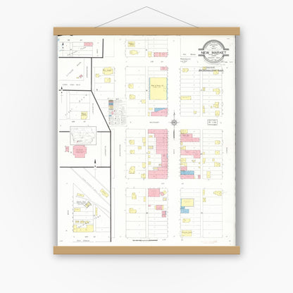 Old map wall art mockup — magnetic wood frame on white wall — Sanborn Fire Insurance Map from New Market, Taylor County, Iowa (1933), Sheet #0001