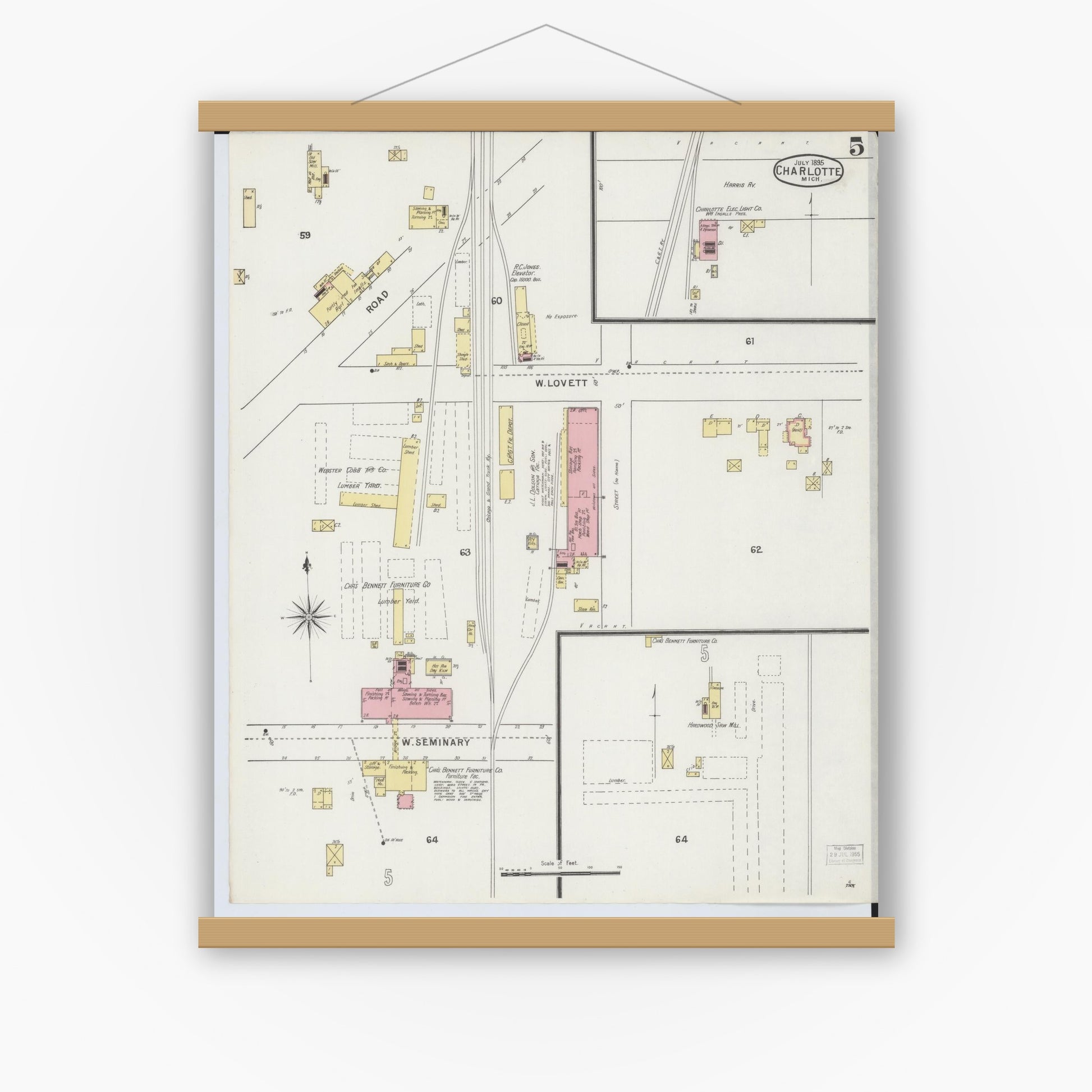 Old map wall art mockup — magnetic wood frame on white wall — Sanborn Fire Insurance Map from Charlotte, Eaton County, Michigan (1895), Sheet #0005