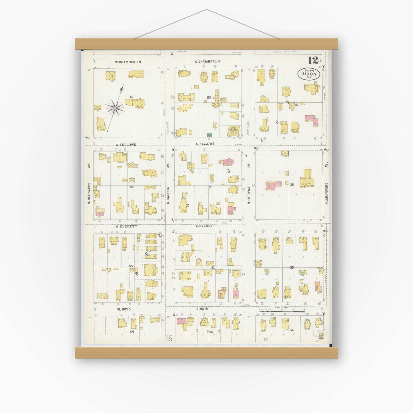 Old map wall art mockup — magnetic wood frame on white wall — Sanborn Fire Insurance Map from Dixon, Lee County, Illinois (1902), Sheet #0012