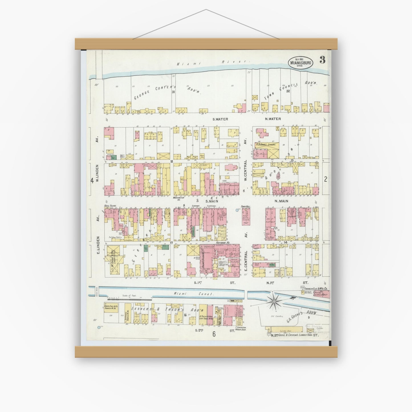 Old map wall art mockup — magnetic wood frame on white wall — Sanborn Fire Insurance Map from Miamisburg, Montgomery County, Ohio (1901), Sheet #0003