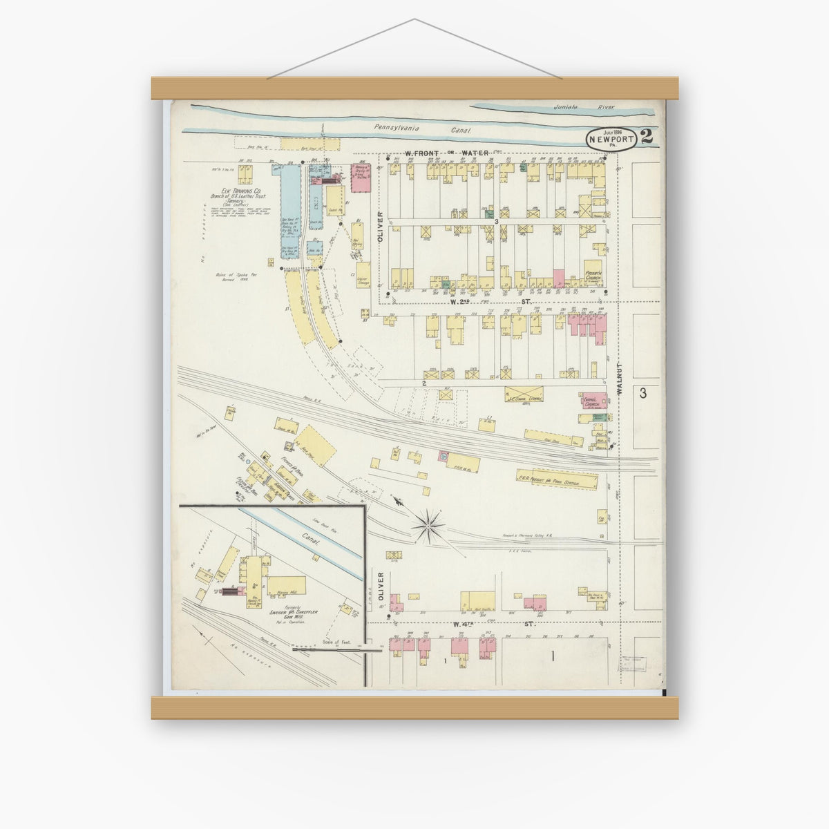 Old map wall art mockup — magnetic wood frame on white wall — Sanborn Fire Insurance Map from Newport, Perry County, Pennsylvania (1896), Sheet #0002