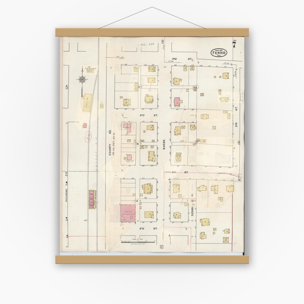 Old map wall art mockup — magnetic wood frame on white wall — Sanborn Fire Insurance Map from Ferris, Ellis County, Texas (1941), Sheet #0007