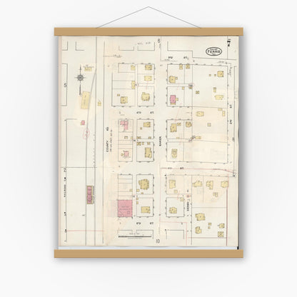 Old map wall art mockup — magnetic wood frame on white wall — Sanborn Fire Insurance Map from Ferris, Ellis County, Texas (1941), Sheet #0007