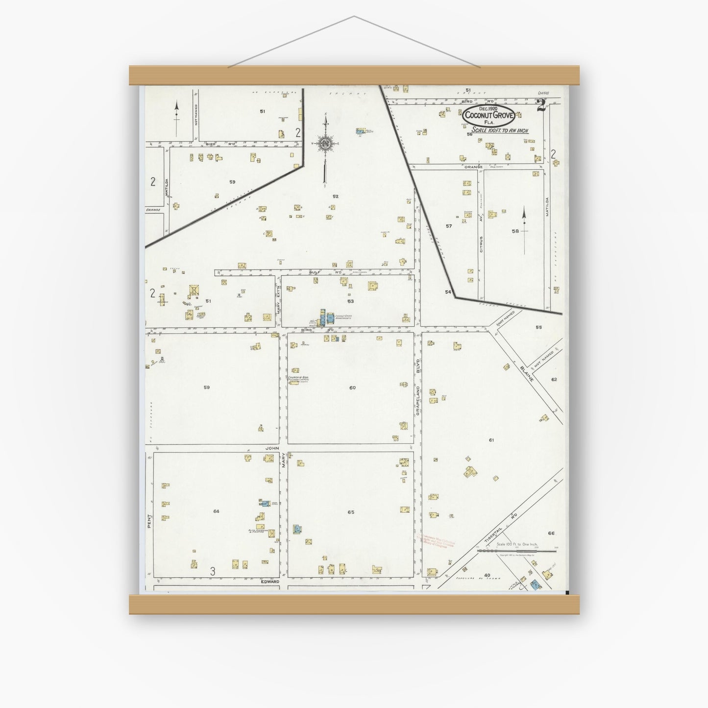 Old map wall art mockup — magnetic wood frame on white wall — Sanborn Fire Insurance Map from Coconut Grove, Dade County, Florida (1920), Sheet #0002