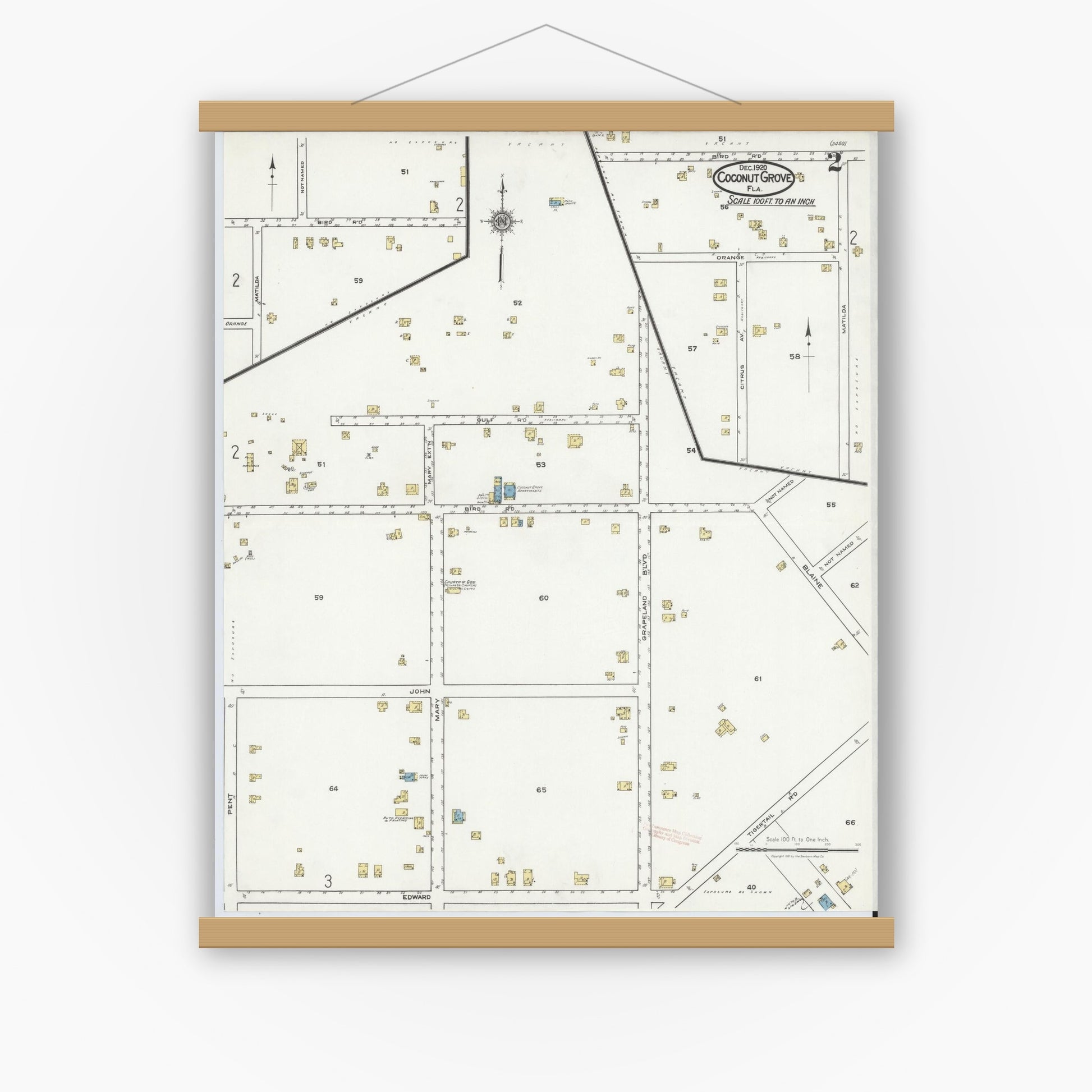 Old map wall art mockup — magnetic wood frame on white wall — Sanborn Fire Insurance Map from Coconut Grove, Dade County, Florida (1920), Sheet #0002