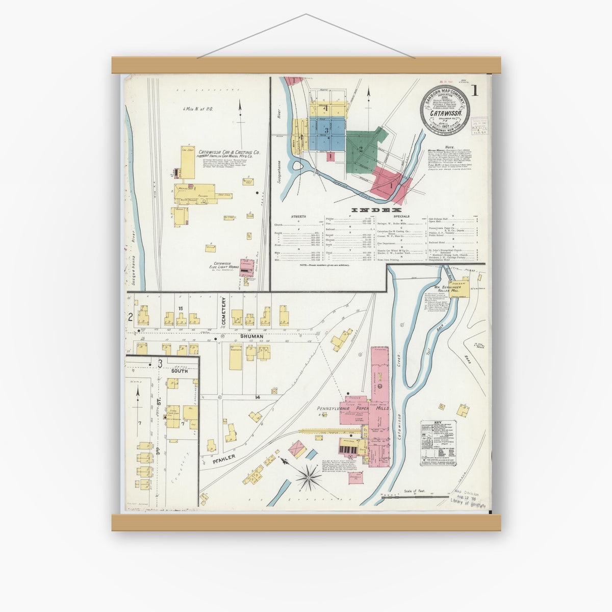 Old map wall art mockup — magnetic wood frame on white wall — Sanborn Fire Insurance Map from Catawissa, Columbia County, Pennsylvania (1907) - Complete Map Set