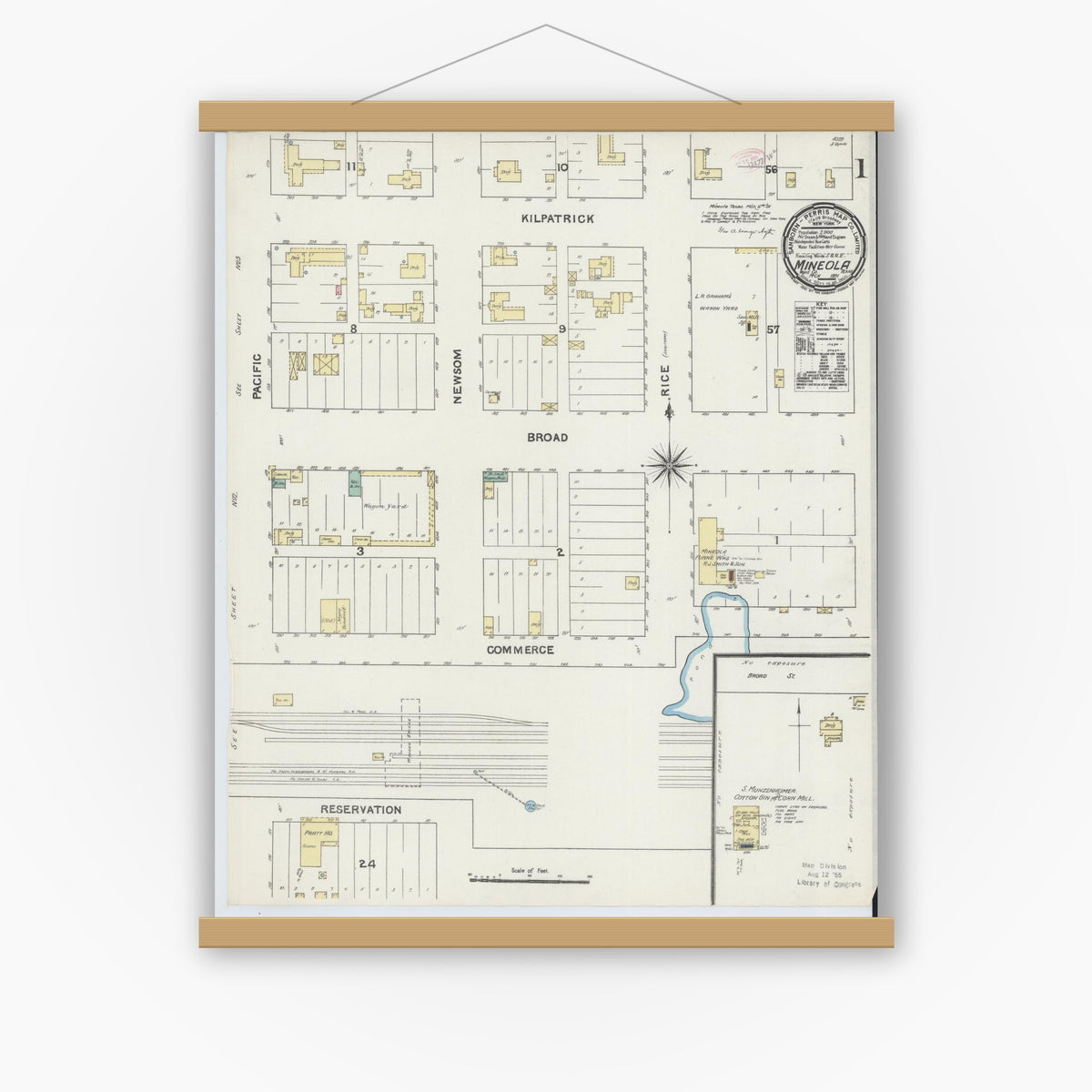 Old map wall art mockup — magnetic wood frame on white wall — Sanborn Fire Insurance Map from Mineola, Wood County, Texas (1891) - Complete Map Set