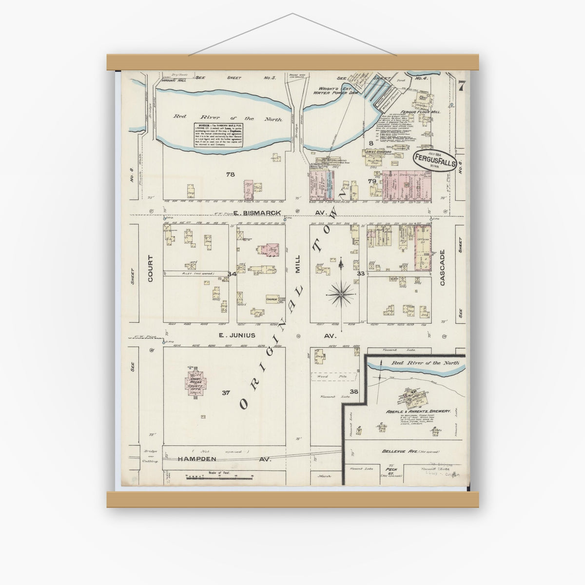 Old map wall art mockup — magnetic wood frame on white wall — Sanborn Fire Insurance Map from Fergus Falls, Otter Tail County, Minnesota (1884), Sheet #0007
