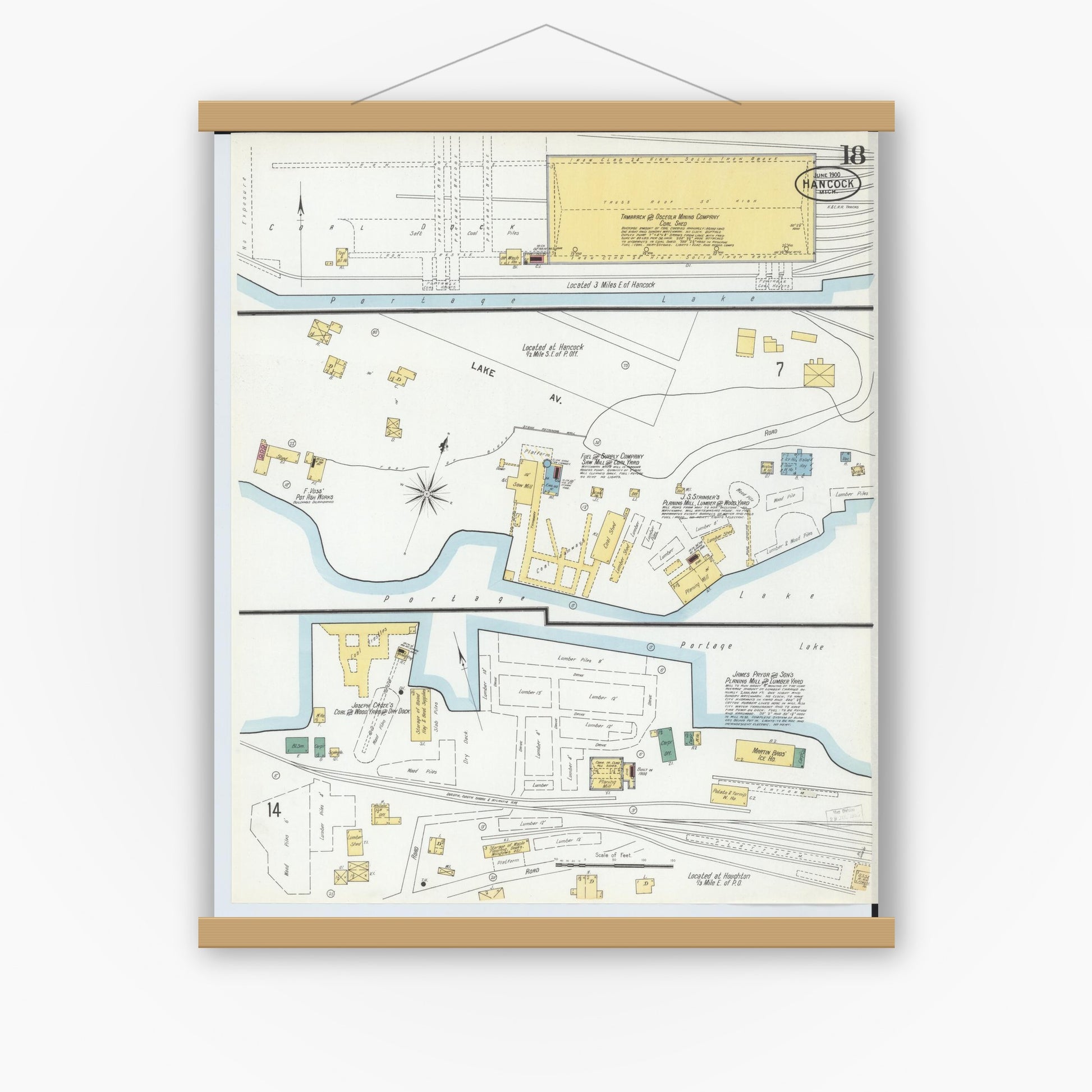 Old map wall art mockup — magnetic wood frame on white wall — Sanborn Fire Insurance Map from Houghton, Houghton County, Michigan (1900), Sheet #0018