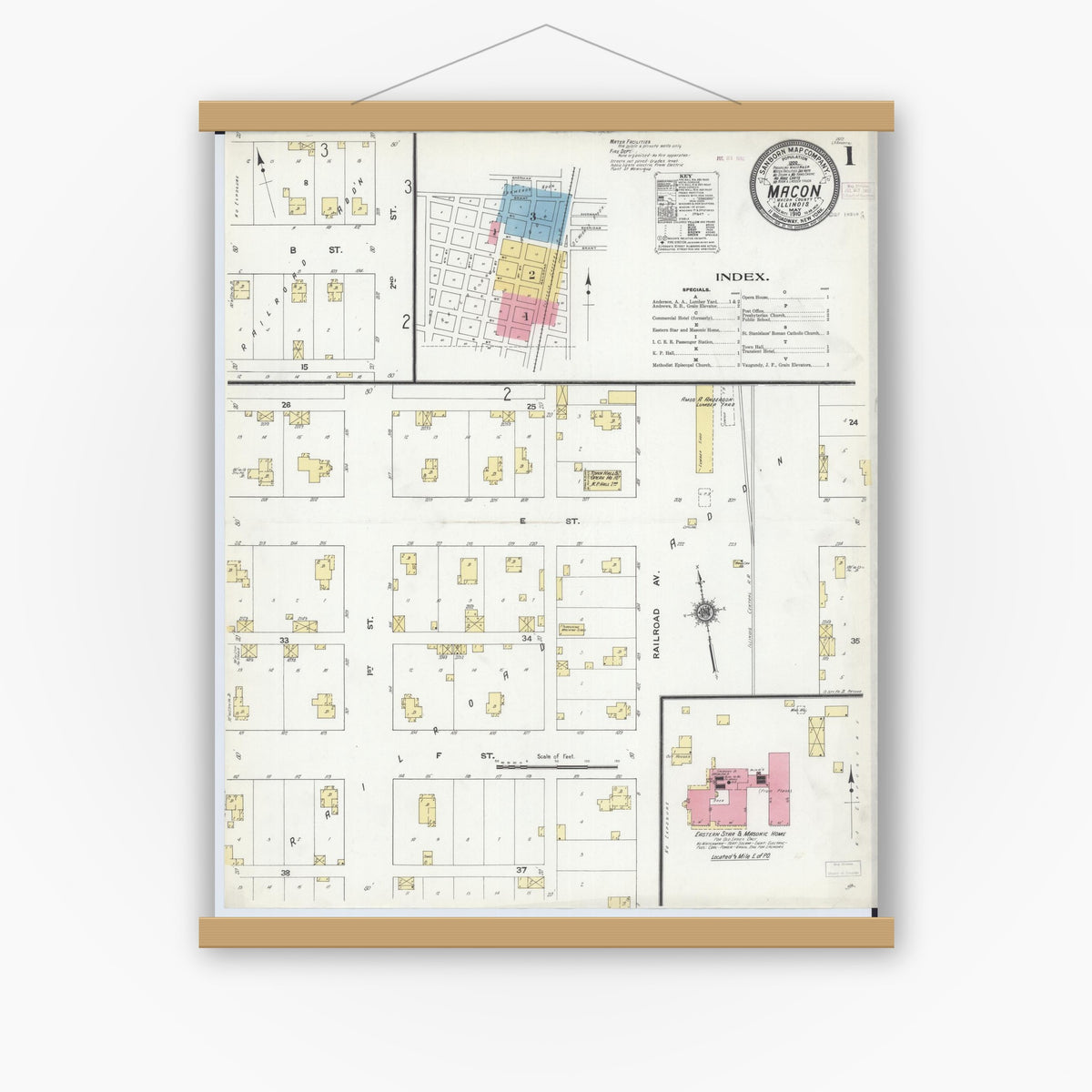 Old map wall art mockup — magnetic wood frame on white wall — Sanborn Fire Insurance Map from Macon, Macon County, Illinois (1910) - Complete Map Set