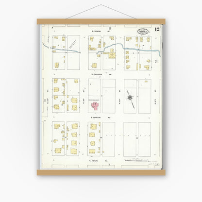 Old map wall art mockup — magnetic wood frame on white wall — Sanborn Fire Insurance Map from Temple, Bell County, Texas (1910), Sheet #0012