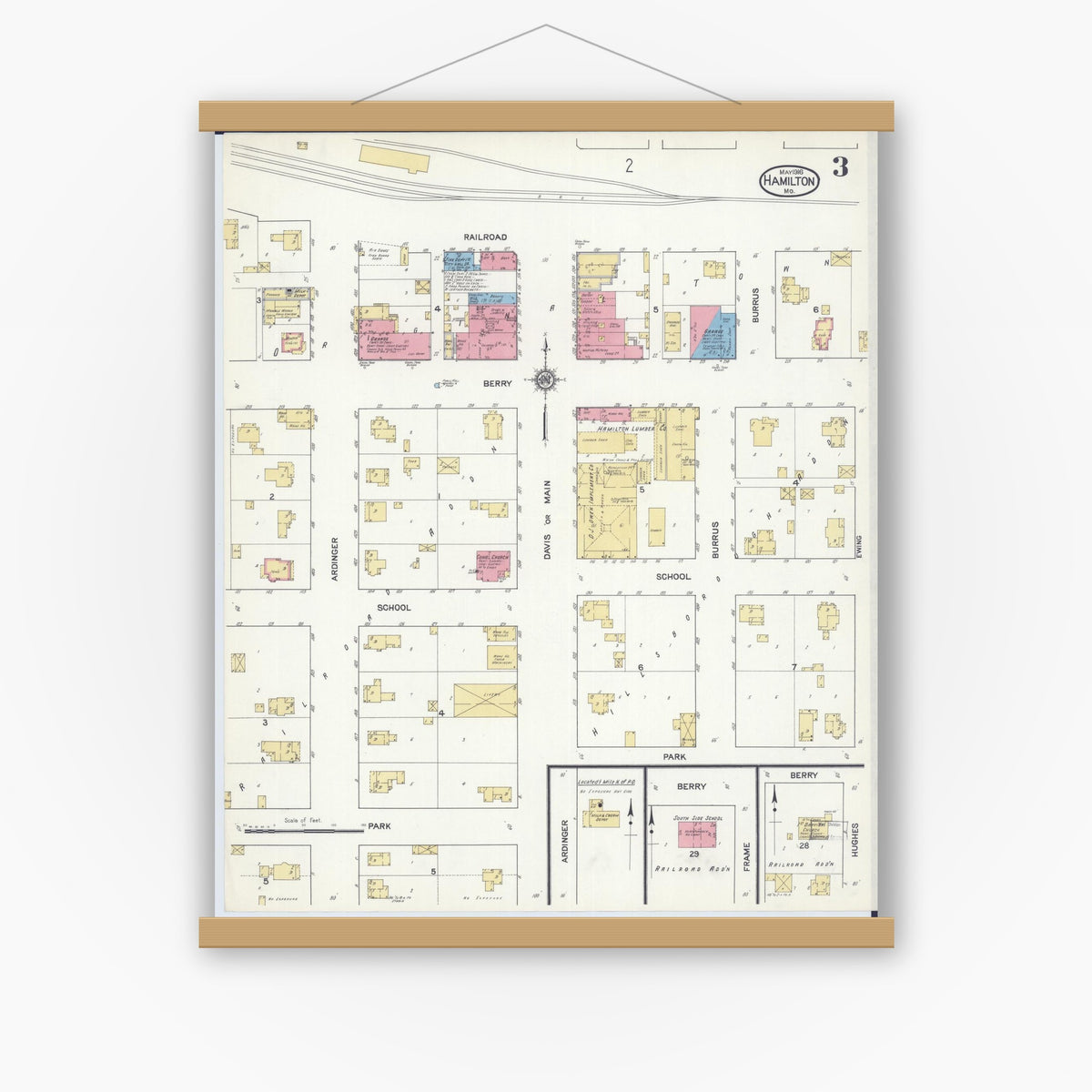 Old map wall art mockup — magnetic wood frame on white wall — Sanborn Fire Insurance Map from Hamilton, Caldwell County, Missouri (1916), Sheet #0003