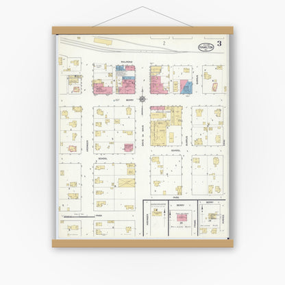 Old map wall art mockup — magnetic wood frame on white wall — Sanborn Fire Insurance Map from Hamilton, Caldwell County, Missouri (1916), Sheet #0003