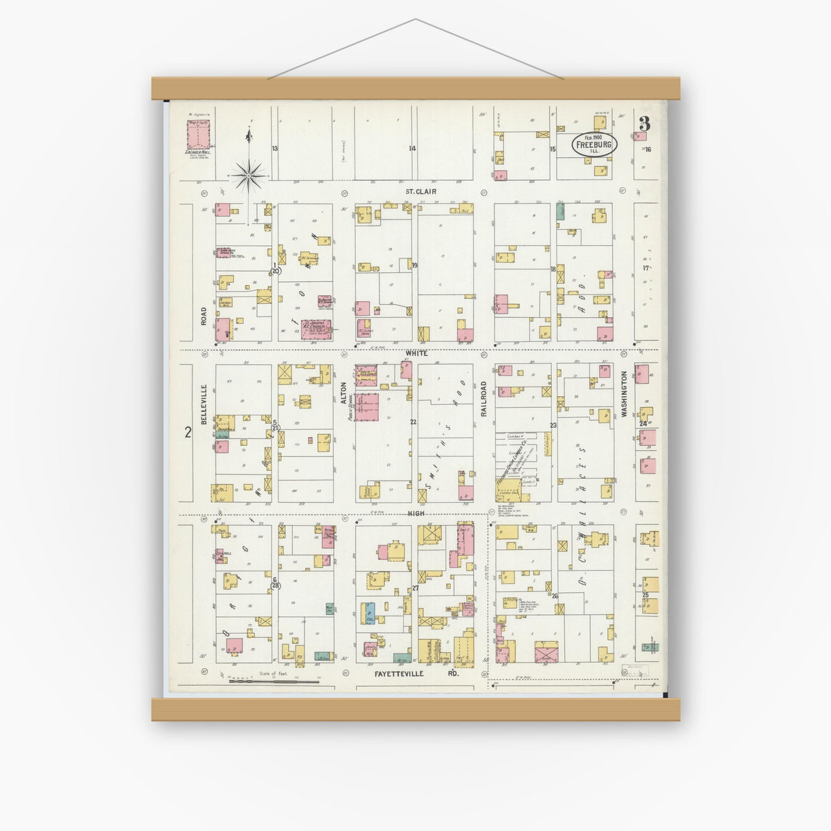 Old map wall art mockup — magnetic wood frame on white wall — Sanborn Fire Insurance Map from Freeburg, Saint Clair County, Illinois (1900), Sheet #0003