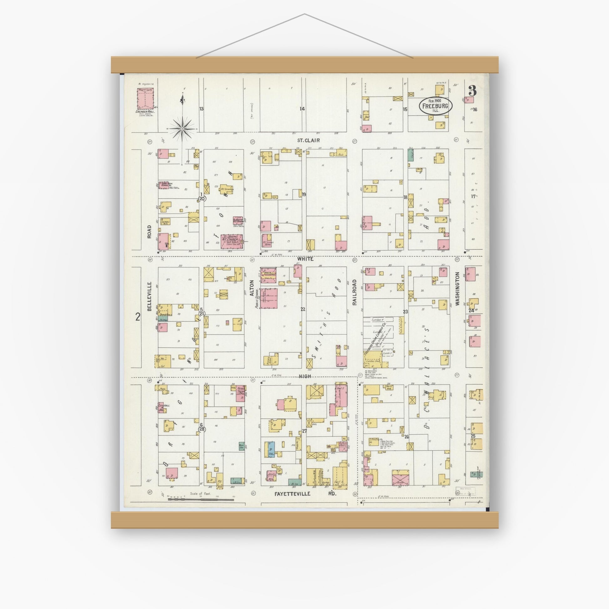 Old map wall art mockup — magnetic wood frame on white wall — Sanborn Fire Insurance Map from Freeburg, Saint Clair County, Illinois (1900), Sheet #0003