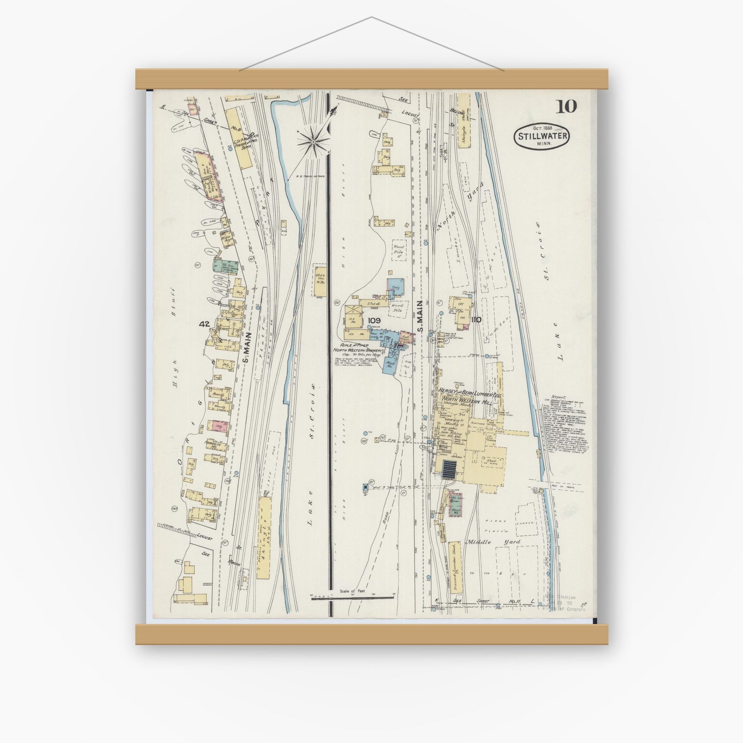 Old map wall art mockup — magnetic wood frame on white wall — Sanborn Fire Insurance Map from Stillwater, Washington County, Minnesota (1888), Sheet #0010