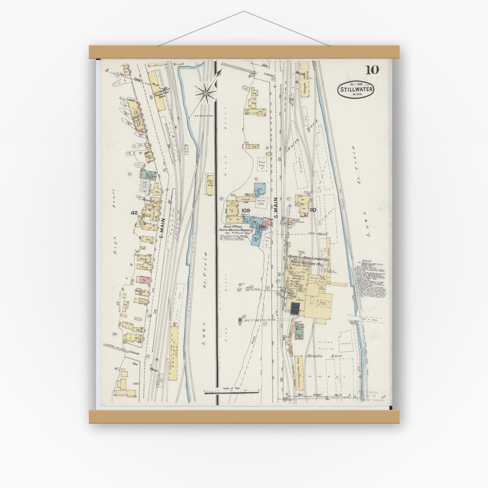 Old map wall art mockup — magnetic wood frame on white wall — Sanborn Fire Insurance Map from Stillwater, Washington County, Minnesota (1888), Sheet #0010
