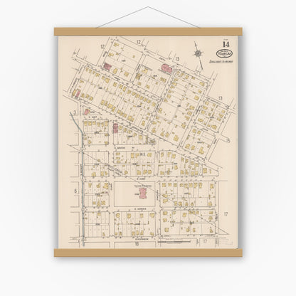 Old map wall art mockup — magnetic wood frame on white wall — Sanborn Fire Insurance Map from Yoakum, De Witt And Lavaca Counties, Texas (1922), Sheet #0014