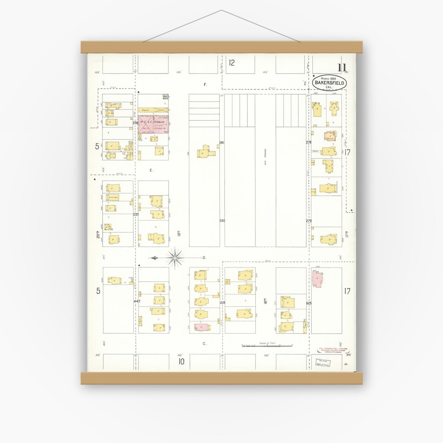 Old map wall art mockup — magnetic wood frame on white wall — Sanborn Fire Insurance Map from Bakersfield, Kern County, California (1905), Sheet #0011