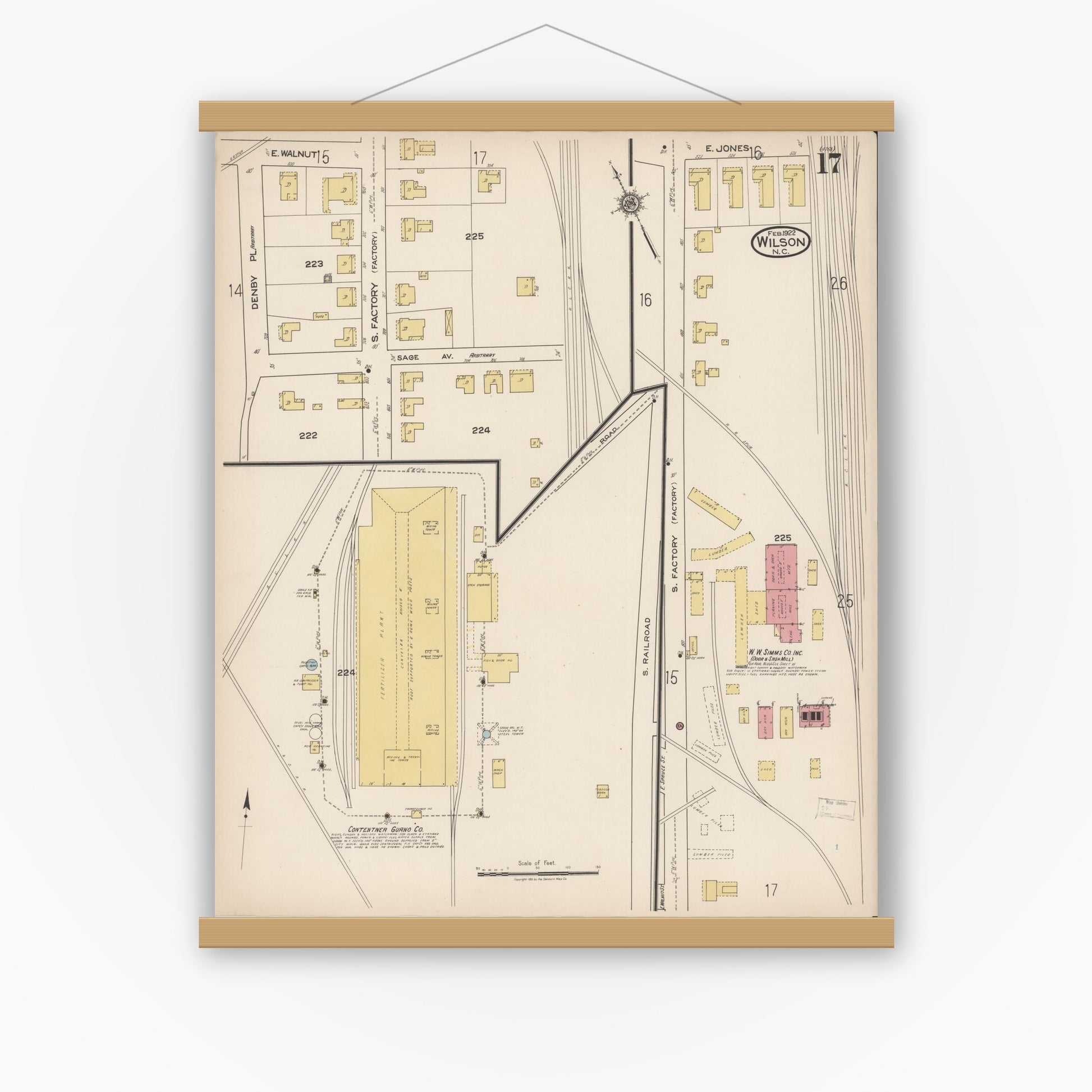 Old map wall art mockup — magnetic wood frame on white wall — Sanborn Fire Insurance Map from Wilson, Wilson County, North Carolina (1922), Sheet #0017