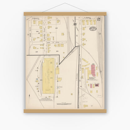 Old map wall art mockup — magnetic wood frame on white wall — Sanborn Fire Insurance Map from Wilson, Wilson County, North Carolina (1922), Sheet #0017