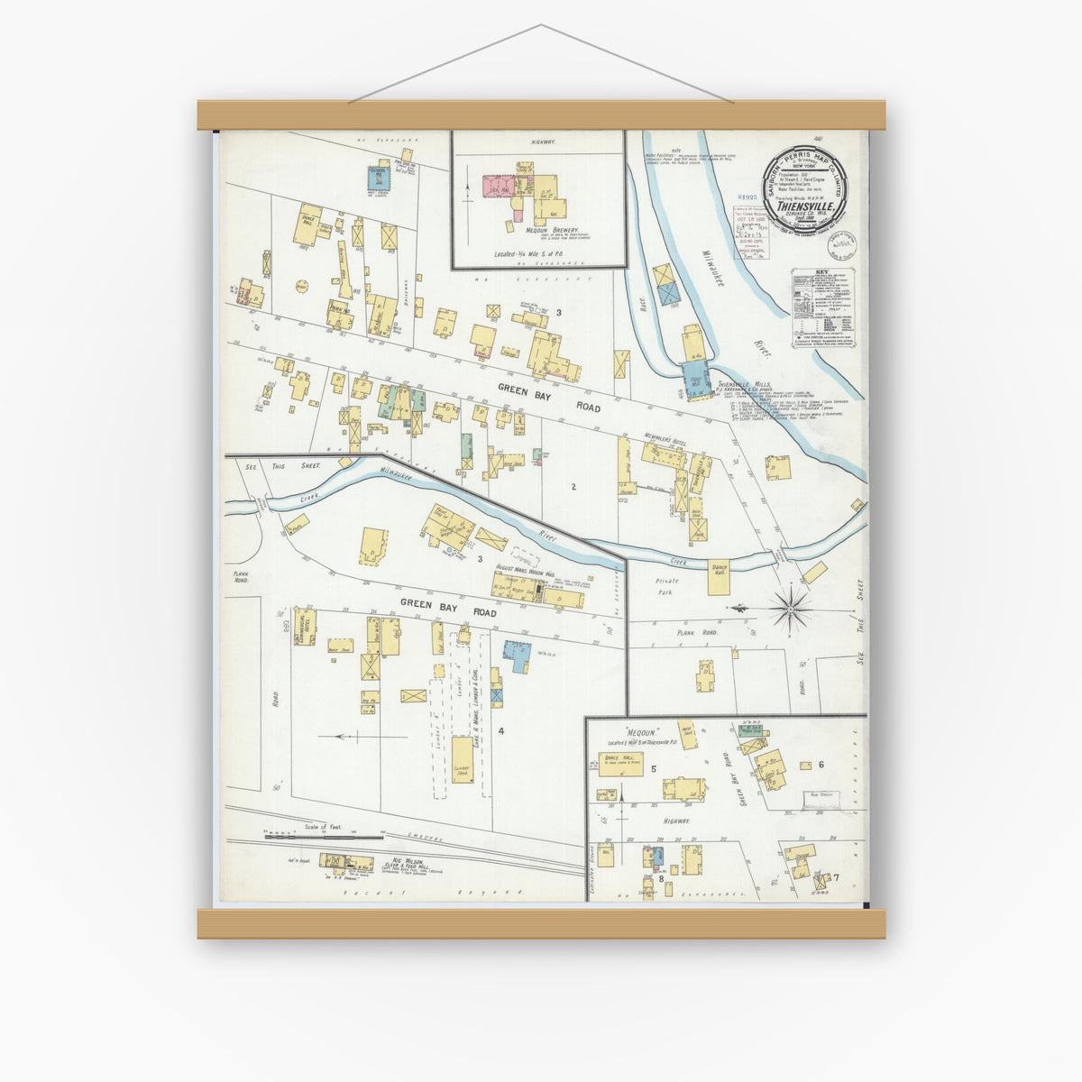 Old map wall art mockup — magnetic wood frame on white wall — Sanborn Fire Insurance Map from Thiensville, Ozaukee County, Wisconsin (1900), Sheet #0001