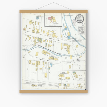 Old map wall art mockup — magnetic wood frame on white wall — Sanborn Fire Insurance Map from Thiensville, Ozaukee County, Wisconsin (1900), Sheet #0001