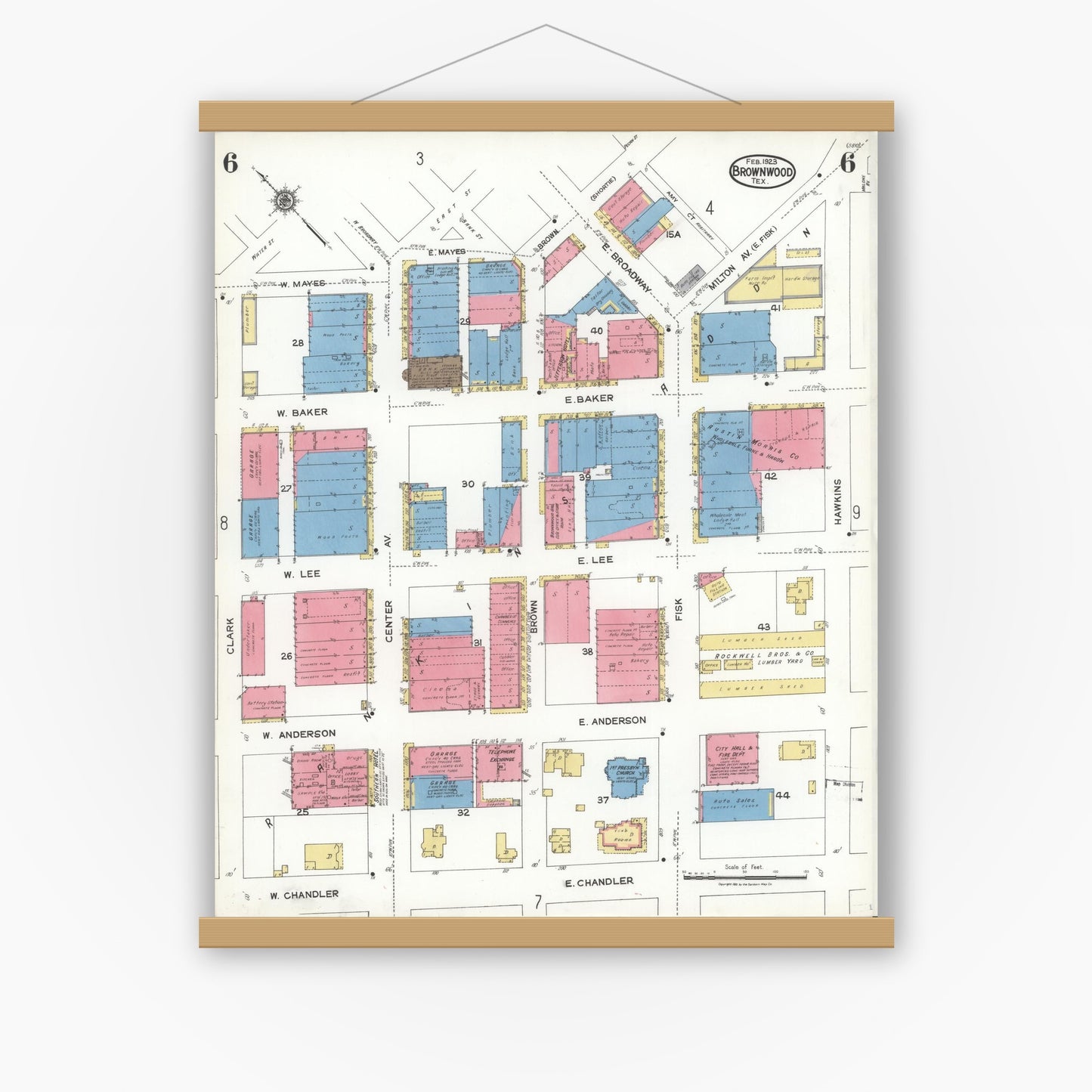 Old map wall art mockup — magnetic wood frame on white wall — Sanborn Fire Insurance Map from Brownwood, Brown County, Texas (1923), Sheet #0006