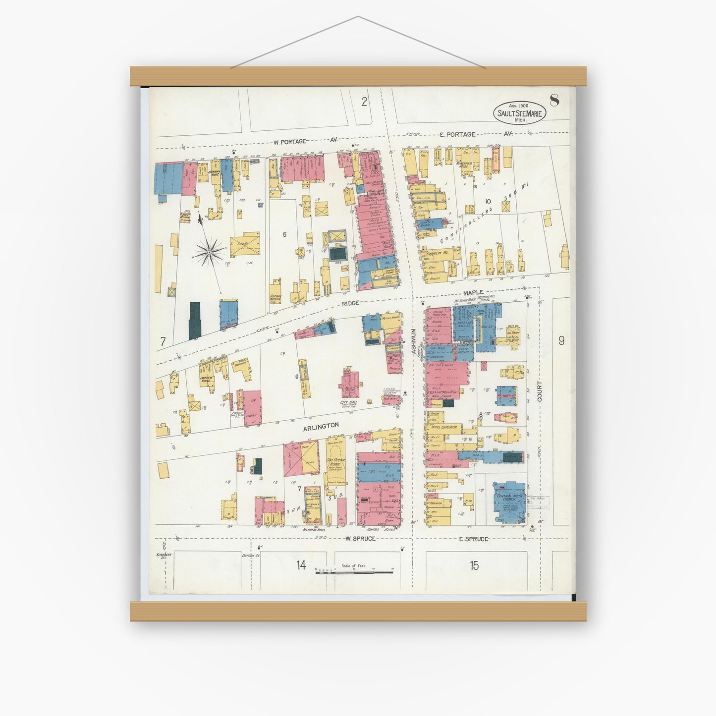 Old map wall art mockup — magnetic wood frame on white wall — Sanborn Fire Insurance Map from Sault Sainte Marie, Chippewa County, Michigan (1906), Sheet #0008