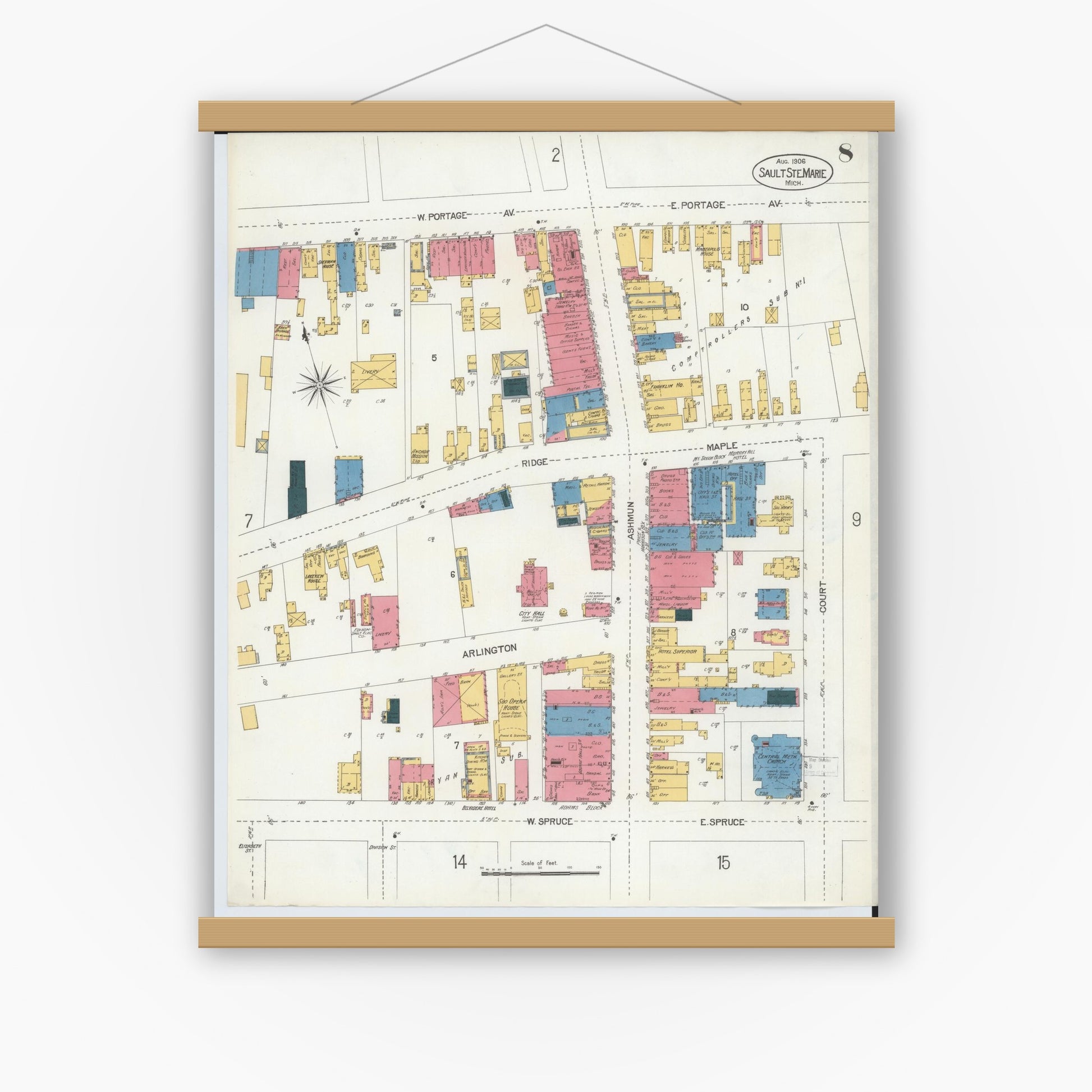 Old map wall art mockup — magnetic wood frame on white wall — Sanborn Fire Insurance Map from Sault Sainte Marie, Chippewa County, Michigan (1906), Sheet #0008