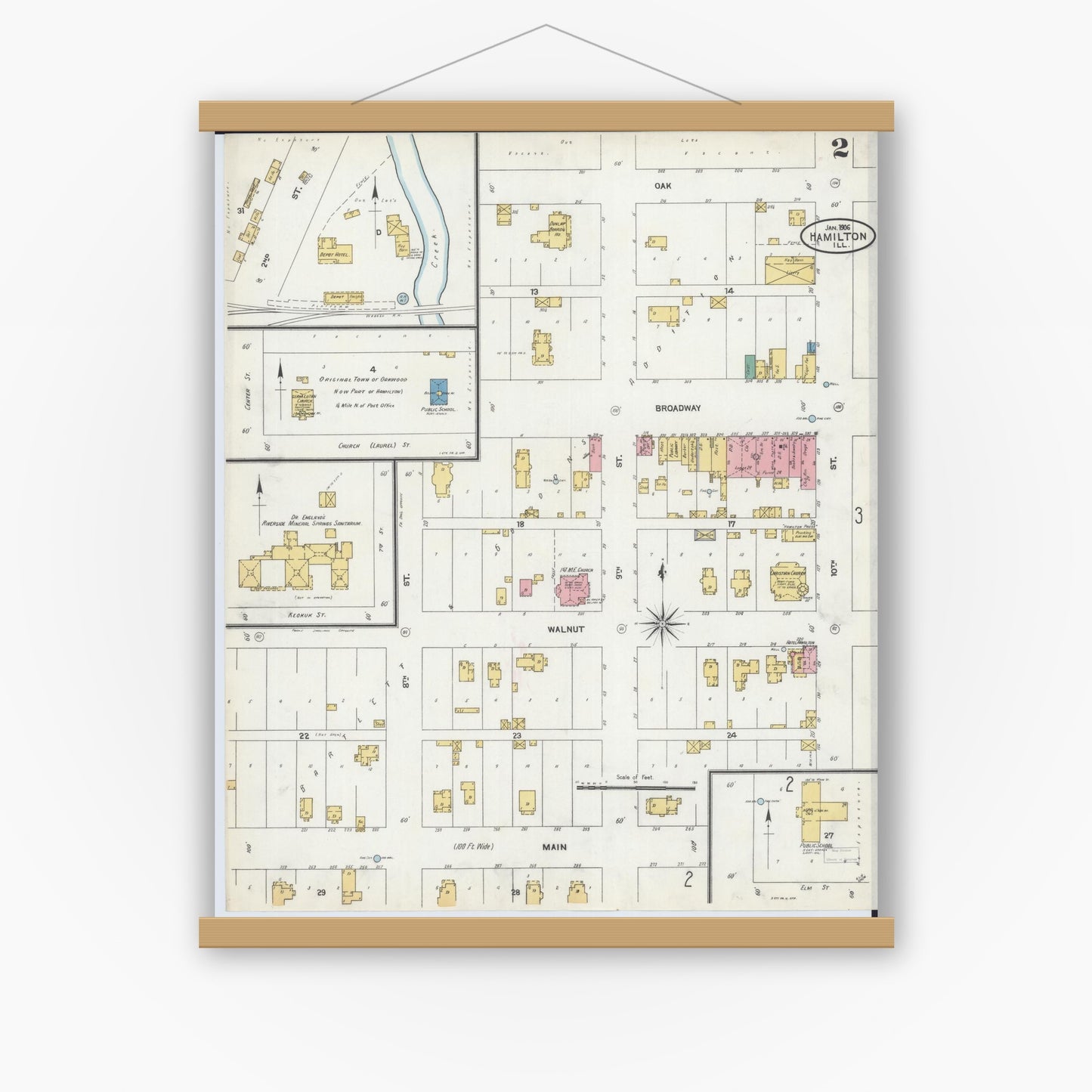 Old map wall art mockup — magnetic wood frame on white wall — Sanborn Fire Insurance Map from Hamilton, Hancock County, Illinois (1906), Sheet #0002