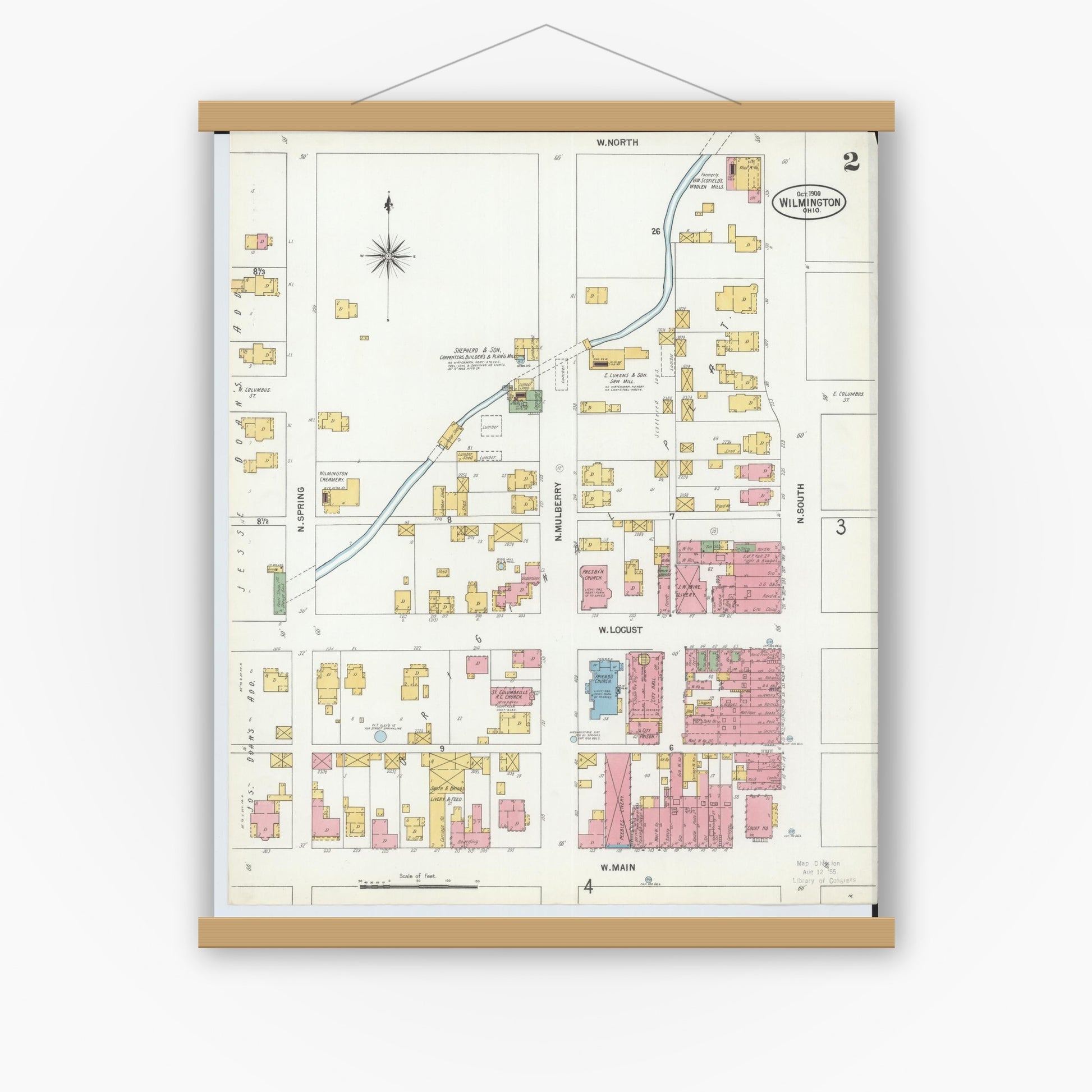 Old map wall art mockup — magnetic wood frame on white wall — Sanborn Fire Insurance Map from Wilmington, Clinton County, Ohio (1900), Sheet #0002