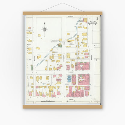 Old map wall art mockup — magnetic wood frame on white wall — Sanborn Fire Insurance Map from Wilmington, Clinton County, Ohio (1900), Sheet #0002
