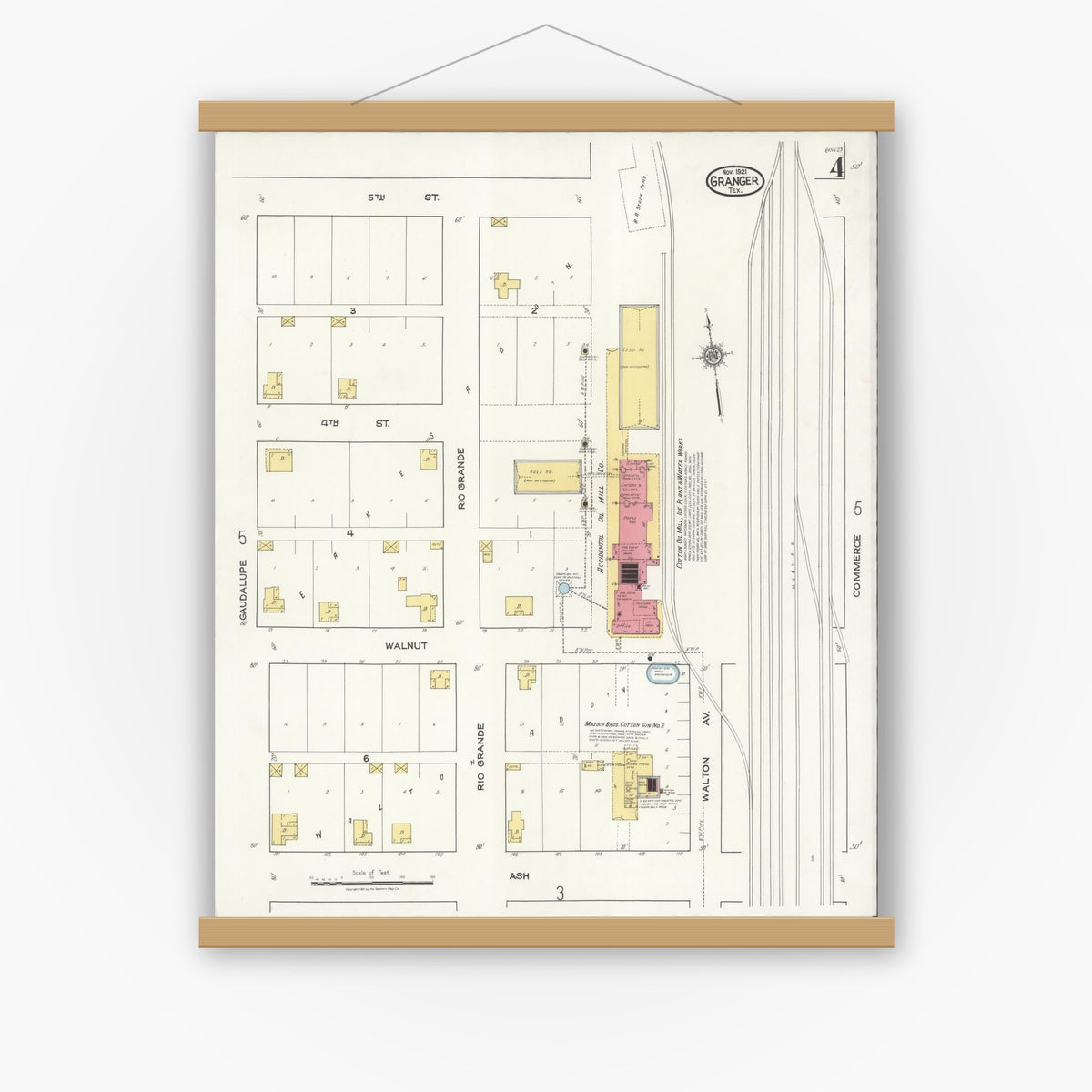 Old map wall art mockup — magnetic wood frame on white wall — Sanborn Fire Insurance Map from Granger, Williamson County, Texas (1921), Sheet #0004