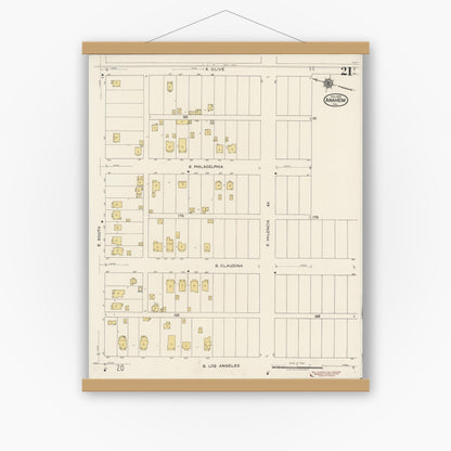 Old map wall art mockup — magnetic wood frame on white wall — Sanborn Fire Insurance Map from Anaheim, Orange County, California (1922), Sheet #0021
