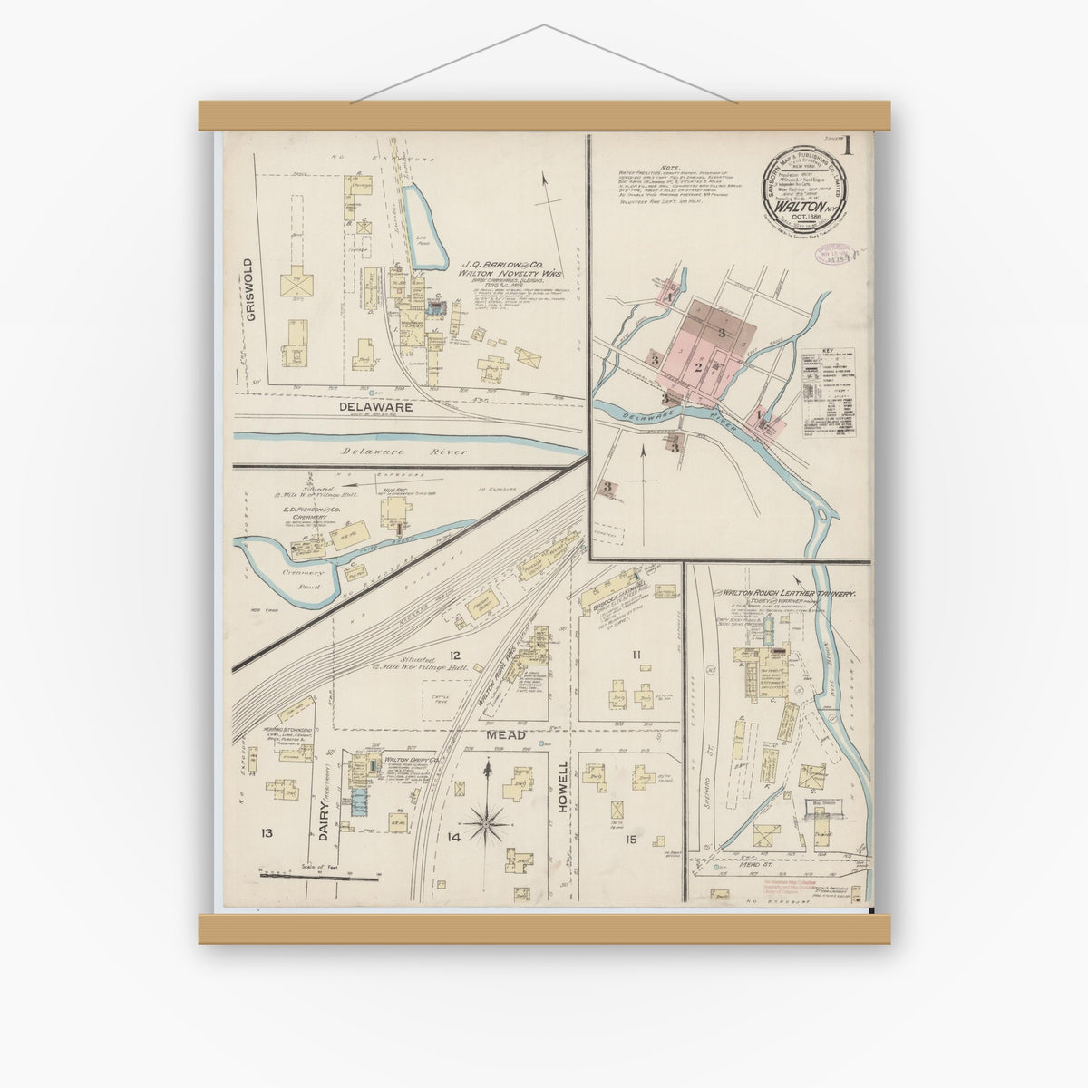 Old map wall art mockup — magnetic wood frame on white wall — Sanborn Fire Insurance Map from Walton, Delaware County, New York (1886) - Complete Map Set