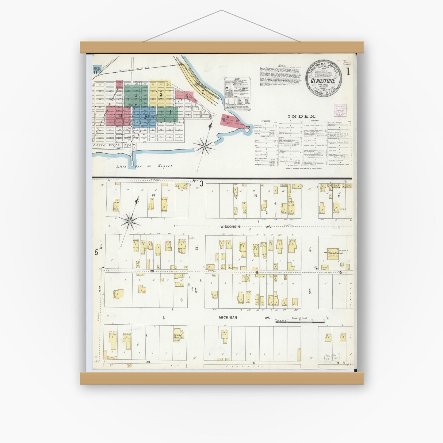 Old map wall art mockup — magnetic wood frame on white wall — Sanborn Fire Insurance Map from Gladstone, Delta County, Michigan (1907) - Complete Map Set
