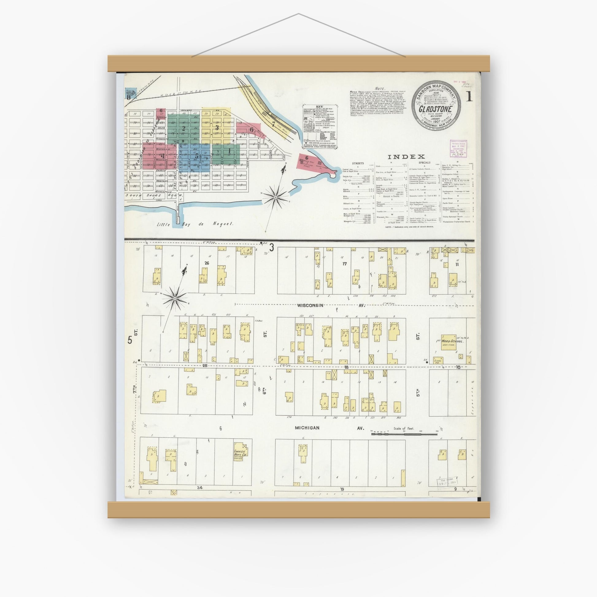 Old map wall art mockup — magnetic wood frame on white wall — Sanborn Fire Insurance Map from Gladstone, Delta County, Michigan (1907) - Complete Map Set