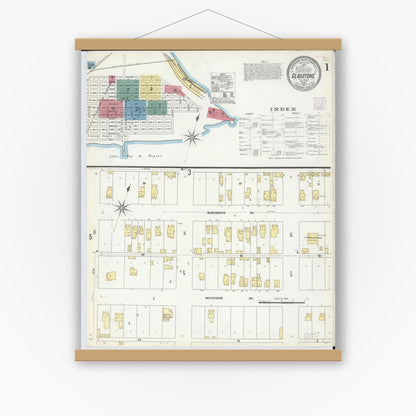 Old map wall art mockup — magnetic wood frame on white wall — Sanborn Fire Insurance Map from Gladstone, Delta County, Michigan (1907) - Complete Map Set